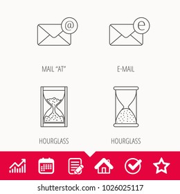 Mail, e-mail and hourglass icons. E-mail inbox linear sign. Edit document, Calendar and Graph chart signs. Star, Check and House web icons. Vector