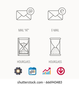 Mail, e-mail and hourglass icons. E-mail inbox linear sign. Calendar, Graph chart and Cogwheel signs. Download colored web icon. Vector