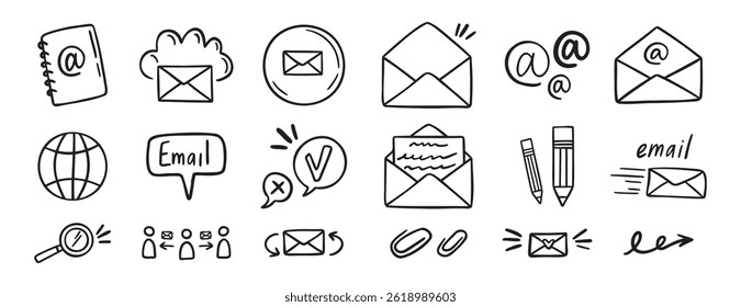 Icono de correo electrónico y doodle dibujado a mano conjunto. Esquema de la colección de símbolos de Clipart de línea de correo electrónico y correo electrónico. Ilustración vectorial