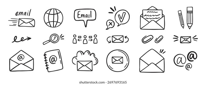Icono de correo electrónico y doodle dibujado a mano conjunto. Esquema de la colección de símbolos de Clipart de línea de correo electrónico y correo electrónico. Ilustración vectorial