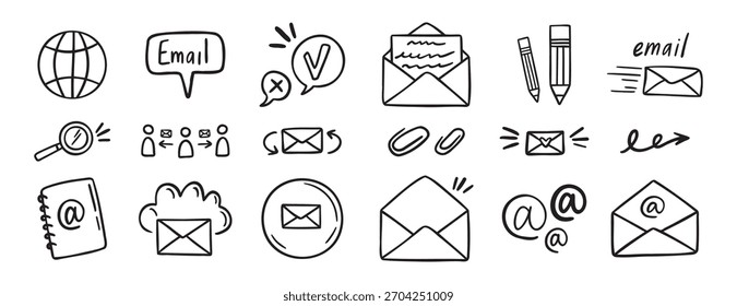 Icono de correo electrónico y doodle dibujado a mano conjunto. Esquema de la colección de símbolos de Clipart de línea de correo electrónico y correo electrónico. Ilustración vectorial
