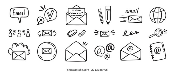 e-mail e ícone de e-mail rabiscar conjunto desenhado à mão. Coleção de símbolos de clipart de email e email de desenho de estrutura de tópicos. Ilustração vetorial