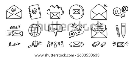 mail and email icon doodle hand drawn set. Outline drawing mail and email line clipart symbol collection. Vector illustration