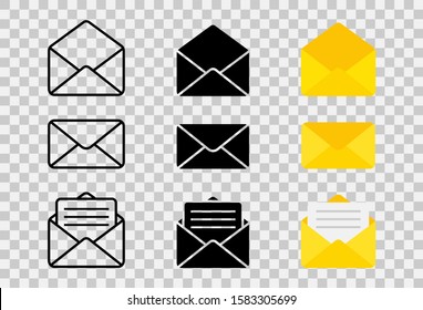 Mail or Email icon. Envelope icons set in different views. Opened and closed envelope with note paper. Paper document enclosed in an envelope. Newsletter icon, Message icon