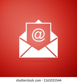 Mail and e-mail icon isolated on red background. Envelope symbol e-mail. Email message sign. Flat design. Vector Illustration