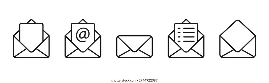 Mail or email icon set. Envelope symbol with letter. Open and closed mail. Vector editable stroke