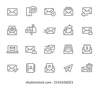 Mail and email Icons Set. Such as Mailbox, Sending, Archive, Contacts and others. Editable vector stroke.