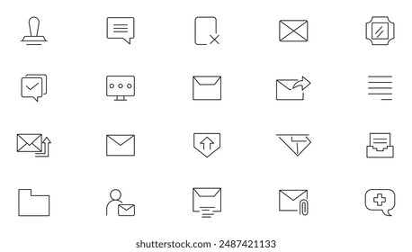 Conjunto de iconos de correo y línea de correo electrónico. Mensaje, sobre, correo, carta postal, oficina de correos y buzón de correo icono de colección. Iconos de contorno delgado de IU 