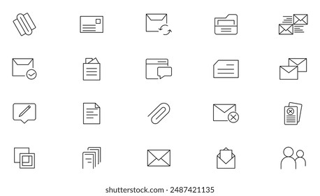 Mail and email line icon set. Message, envelope, mailing, postal letter, post office and mailbox outline icon collection. UI thin outline icons 