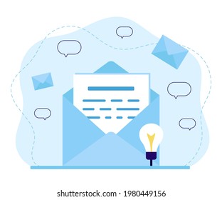 Correo, servicio de correo electrónico, noticias, documentos o cartas en sobre con entrega de mensajes y correspondencia. Carta entrante o saliente. Correo electrónico, notificación, mensaje, sms, concepto de spam. Vector plano