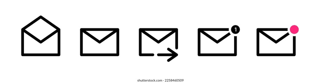 Iconos vectores de correo o correo electrónico con Stroke editable. Conjunto de Ilustraciones de Icono de Sobre de Correo. Bandeja de entrada, Nuevo correo, Reenviar el vector de material de iconos de mensaje con trazos editables.