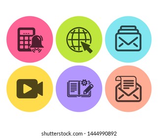 Mail, Engineering documentation and Calculator alarm icons simple set. Internet, Video camera and Mail newsletter signs. New messages, Manual. Education set. Flat mail icon. Circle button. Vector