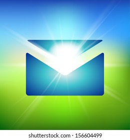 Mail envelop icon on the green field and blue sky with summer sun burst. News or message vector illustration.