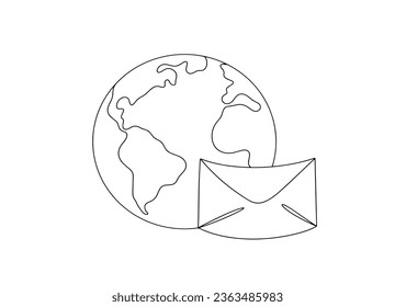 Mail envelope against the backdrop of the planet. World Post Day. One line drawing for different uses. Vector illustration.
