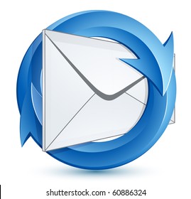 Mail envelope and blue circular arrows. E-mail marketing concept.