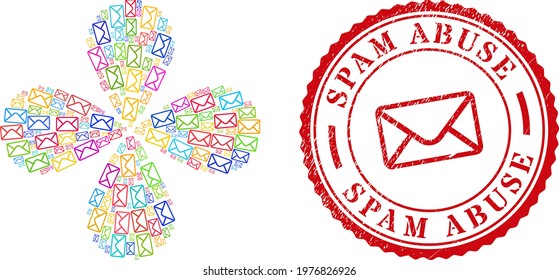 Mail envelope bright exploding abstract flower, and red round SPAM ABUSE scratched rubber print. Mail envelope symbol inside round stamp print.