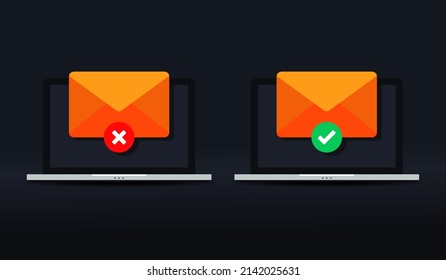 Mail envelope with check mark and cross sign on computer screen. Vector illustration