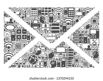 Mail Envelope collage icon created for bigdata and computing purposes. Vector mail envelope mosaics are organized from computer, calculator, connections, wi-fi, network,