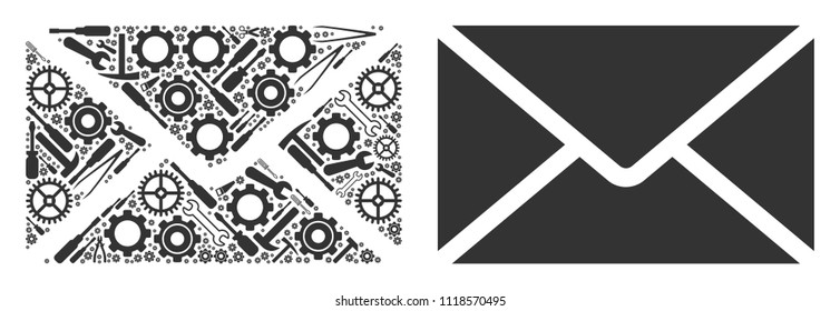 Mail envelope collage of workshop tools. Vector mail envelope icon is composed of gears, screwdrivers and other mechanical items. Concept for maintenance workshop.