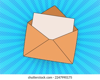 Mail envelope with an empty paper. Message template. Pop art vintage vector illustration 