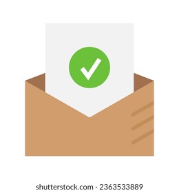 Mail envelope with a file inside and a check mark icon. Concept of receiving approvals by email. Vector illustration