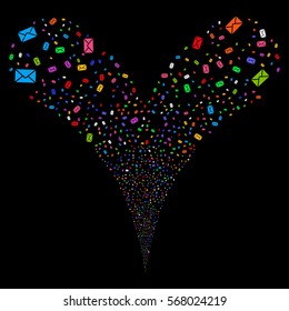 Mail Envelope fireworks stream. Vector illustration style is flat bright multicolored iconic symbols on a black background. Object double fountain done from random pictographs.
