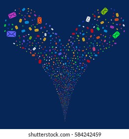 Mail Envelope fireworks stream. Vector illustration style is flat bright multicolored iconic symbols on a blue background. Object double fountain done from random pictographs.