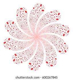 Mail Envelope fireworks swirl flower with ten petals. Vector illustration style is flat red scattered symbols. Object whirl combined from random pictograms.