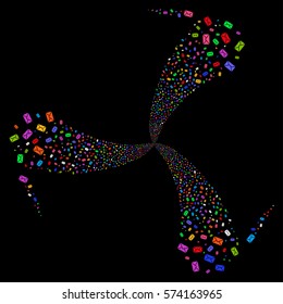 Mail Envelope fireworks swirl rotation. Vector illustration style is flat bright multicolored iconic symbols on a black background. Object whirlpool organized from random design elements.
