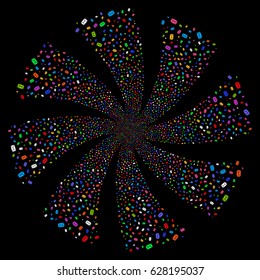 Mail Envelope fireworks swirl rotation. Vector illustration style is flat bright multicolored iconic symbols on a black background. Object whirl done from random pictographs.