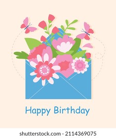 Mail envelope with flowers. Cool and cute gift for girl. March 8 and valentines day. Greeting or invitation card. Birthday wishes. Graphic element for website. Cartoon flat vector illustration