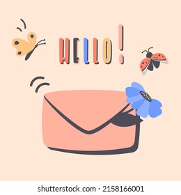 Mail envelope with Greeting message. Cute envelope with beautiful colorful flowers, butterfly, ladybug. Hello card. Good news notification concept, communication. Vector cartoon illustration