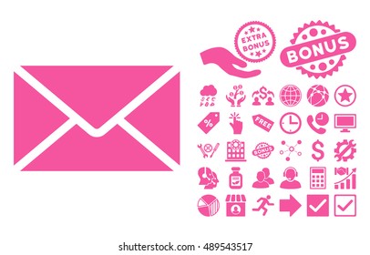 Mail Envelope icon with bonus images. Vector illustration style is flat iconic symbols, pink color, white background.