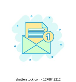 Mail envelope icon in comic style. Email message vector cartoon illustration pictogram. Mailbox e-mail business concept splash effect.