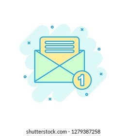 Mail envelope icon in comic style. Email message vector cartoon illustration pictogram. Mailbox e-mail business concept splash effect.