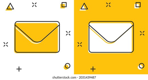 Mail envelope icon in comic style. Receive email letter spam vector cartoon illustration pictogram. Mail communication business concept splash effect.