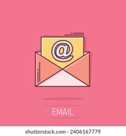 Mail envelope icon in comic style. Email message vector cartoon illustration pictogram. Mailbox e-mail business concept splash effect.