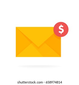 Mail envelope icon with dollar coins. Email send money concept vector illustration.