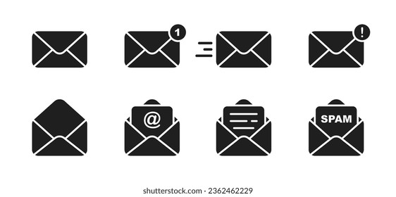 Correo, icono de sobre. Icono de correo electrónico. Nuevo mensaje. Sobre abierto y cerrado con un documento. Carta en sobre. Ilustración vectorial.