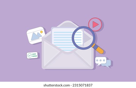 E-Mail-Briefumschlag-Symbol mit Vergrößerung der Bild- und Videodateien in der Nachricht. Minimal Suche E-Mail-Brief mit Dokument Papier Symbol.