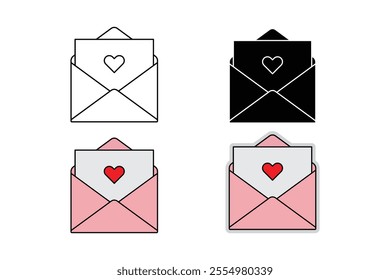 Mail envelope icon with paper containing a red heart. Outline, silhouette, cartoon and sticker styles.