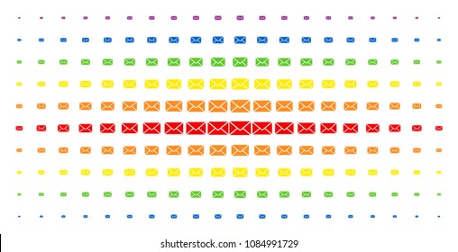 Mail envelope icon rainbow colored halftone pattern. Vector mail envelope objects are organized into halftone matrix with vertical spectrum gradient. Constructed for backgrounds, covers,