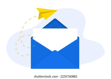 Mail envelope icon. Render email notification with letter and paper plane. Unfolded envelope mockup. Envelope with blank card. Vector illustration