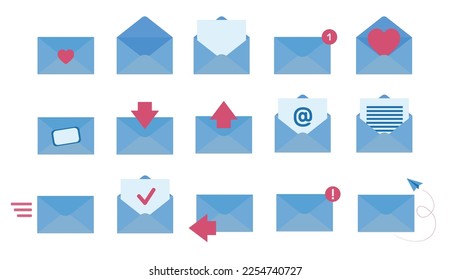 Icono de sobre de correo en color azul y rosa aislado en fondo blanco. Notificación por correo electrónico de la nueva carta, plano de papel, marca de verificación. Mensajes entrantes, salientes e importantes. Ilustración vectorial.