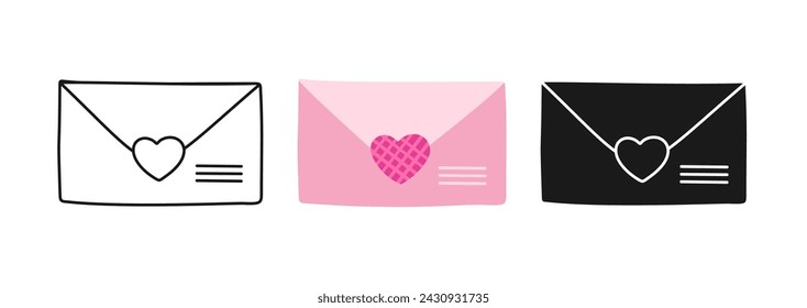 Mail envelope icon set. Cartoon email symbol post letter and doodle, stamp stylized symbol. Simple design sign for greeting card invitation, banner, tattoo. Cute abstract hand drawn linear mail vector