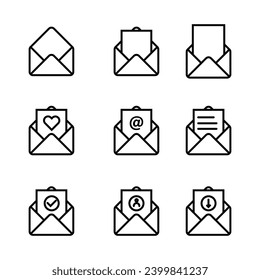  Mail envelope icon set. Closed envelope, open with a letter, with a check mark and email.