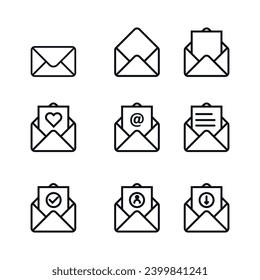  Mail envelope icon set. Closed envelope, open with a letter, with a check mark and email.