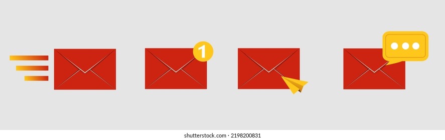 conjunto de iconos de sobre de correo con un nuevo mensaje de marcador
 aislado de fondo gris. Notificar por correo electrónico
 con letras, marca de verificación, plano de papel y lupa.
 vector realista