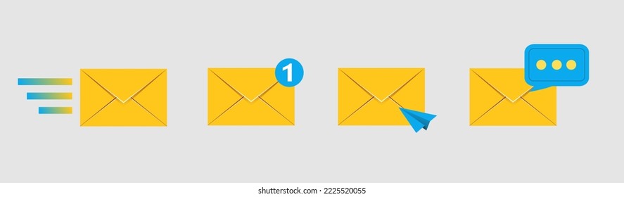 conjunto de iconos de sobre de correo con un nuevo mensaje de marcador
 aislado de fondo gris. Notificar por correo electrónico
 con letras, marca de verificación, plano de papel y lupa.
 vector realista
