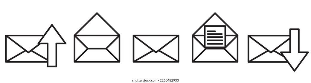 Mail envelope icon set with marker new message isolated.Render email notification with letters, check mark, paper plane and magnifying glass icons. 